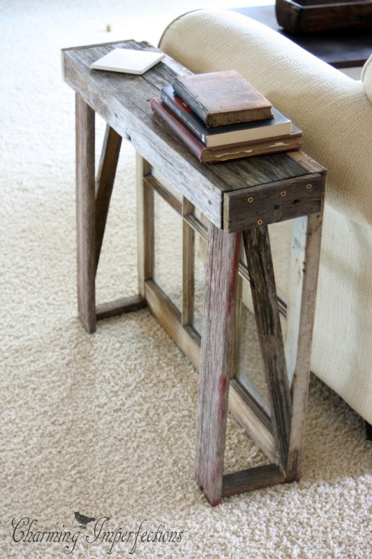 Build a narrow side table with an antique window and a couple of weathered old boards. Click on for a full tutorial!