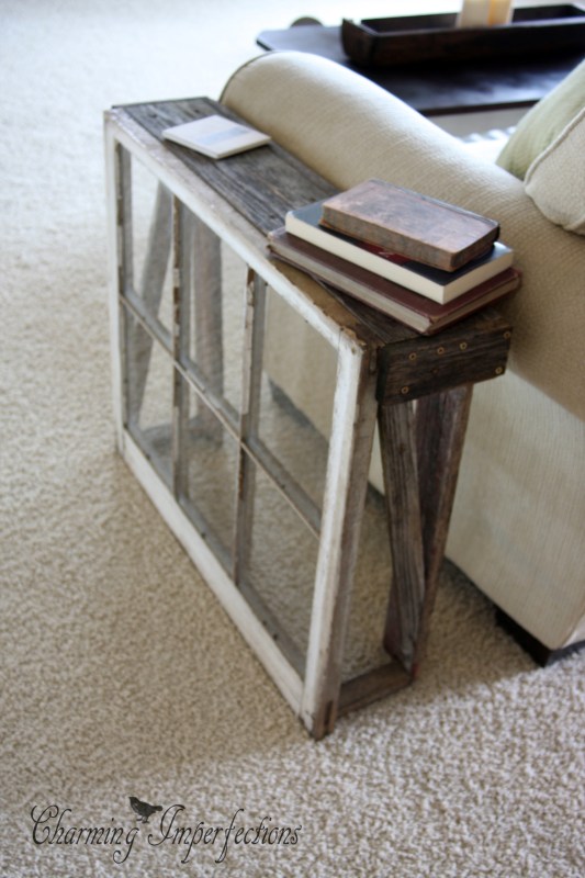 Build a narrow side table with an antique window and a couple of weathered old boards. Click on for a full tutorial!