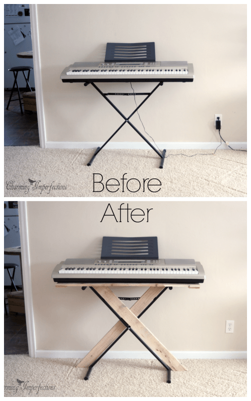 Upgrade a basic metal piano stand by adding some pallet charm. Such a cheap and easy fix!