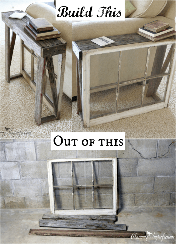 Build a narrow side table with an antique window and a couple of weathered old boards. Click on for a full tutorial!