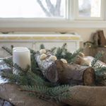 2 minute centerpiece idea: Drill shallow 1 1/2" holes into a log and stick candles in it. Add some burlap and pine for extra Christmas beauty :) #christmas #christmas2015 #rustic #rusticchristmas #neutralchristmas #neutral #frugalchristmas #frugal #diy #diyblog #simplechristmas #simplify #meaningfulchristmas #naturaldecor